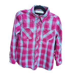 Bit & Brindle Snap Front Shirt Small Womens Pink Embroidered Long Sleeve Plaid P